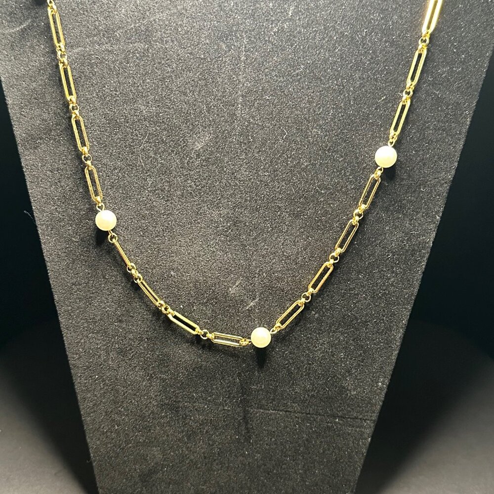 Faux Pearl 18K Gold Plated Paperclip Necklace - NIB